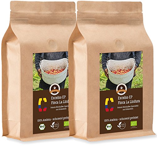 Kaffee Globetrotter - Colombia Excelso EP Finca la Lindura - Bio - 2 x 1000 g Grob Gemalen - für Kaffee-Vollautomat, Kaffeemühle - Röstkaffee aus biologischem Anbau | Nachfüllpack Sparpack von Kaffee Globetrotter