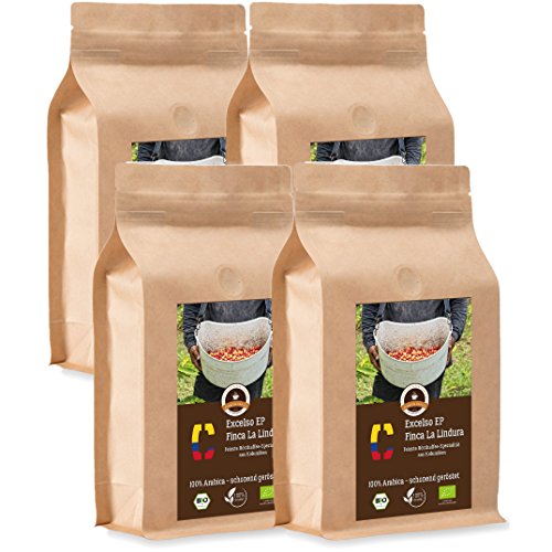 Kaffee Globetrotter - Colombia Excelso EP Finca la Lindura - Bio - 4 x 1000 g Fein Gemahlen - für Kaffee-Vollautomat, Kaffeemühle - Röstkaffee aus biologischem Anbau | Gastropack Sparpack von Kaffee Globetrotter