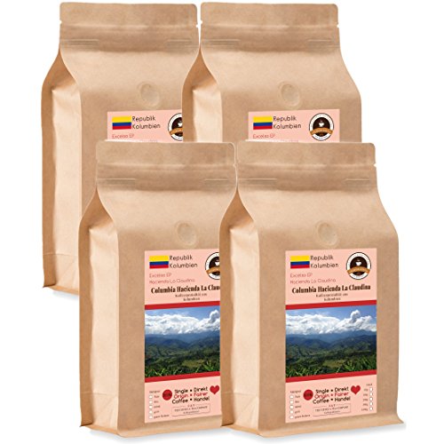 Kaffee Globetrotter - Kaffee Mit Herz - Colombia Hacienda La Claudina - 4 x 1000 g Fein Gemahlen - für Kaffee-Vollautomat, Kaffeemühle - Röstkaffee Fair Gehandelt | Gastropack Sparpack von Kaffee Globetrotter