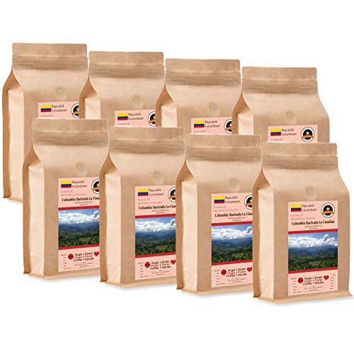 Kaffee Crema Mit Herz - Colombia Hacienda La Claudina - 8 x 1000 g Sehr Fein Gemahlen - für Kaffee-Vollautomat, Kaffeemühle - Röstkaffee Fair Gehandelt | Gastropack Sparpack von Kaffee Globetrotter