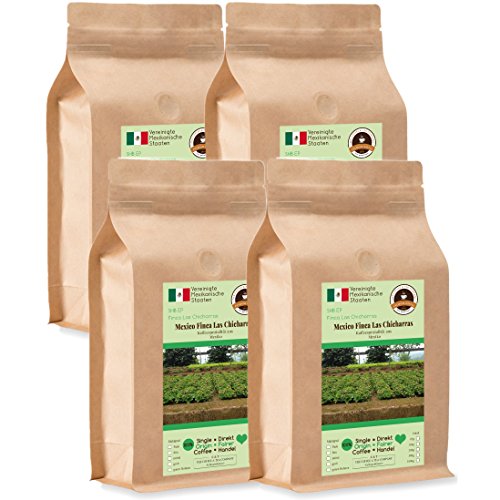 Kaffee Globetrotter - Kaffee Mit Herz - Mexico Finca Las Chicharras - 4 x 1000 g Fein Gemahlen - für Kaffee-Vollautomat, Kaffeemühle - Röstkaffee Fair Gehandelt | Gastropack Sparpack von Kaffee Globetrotter