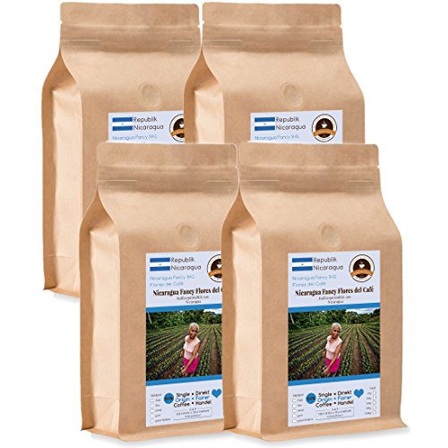 Kaffee Globetrotter - Kaffee Mit Herz - Nicaragua Fancy Flores del Café - 4 x 1000 g Fein Gemahlen - für Kaffee-Vollautomat, Kaffeemühle - Röstkaffee Fair Gehandelt | Gastropack Sparpack von Kaffee Globetrotter