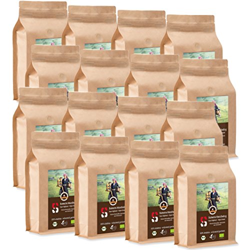 Kaffee Globetrotter - Sumatra Mandheling Gayo Highland - Bio - 16 x 1000 g Fein Gemahlen - für Kaffee-Vollautomat, Kaffeemühle - Röstkaffee aus biologischem Anbau | Gastropack Sparpack von Kaffee Globetrotter