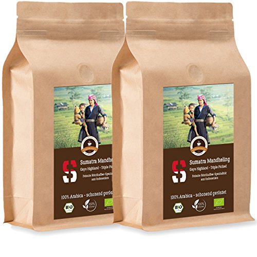 Kaffee Globetrotter - Sumatra Mandheling Gayo Highland - Bio - 2 x 1000 g Fein Gemahlen - für Kaffee-Vollautomat, Kaffeemühle - Röstkaffee aus biologischem Anbau | Nachfüllpack Sparpack von Kaffee Globetrotter