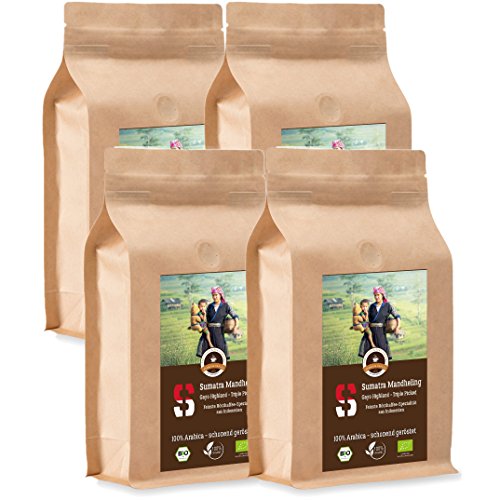 Kaffee Globetrotter - Sumatra Mandheling Gayo Highland - Bio - 4 x 1000 g Fein Gemahlen - für Kaffee-Vollautomat, Kaffeemühle - Röstkaffee aus biologischem Anbau | Gastropack Sparpack von Kaffee Globetrotter