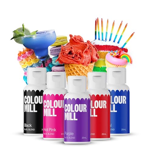 Colour Mill Lebensmittelfarbe flüssig Set – 5 x 20ml Ölbasiert (Black, Hot Pink, Purple, Red & Royal) – UV-beständig – Perfekt zum Backen & als Backzubehör für Torten, Muffins & Tortendeko von Kaffeehaus Diamant