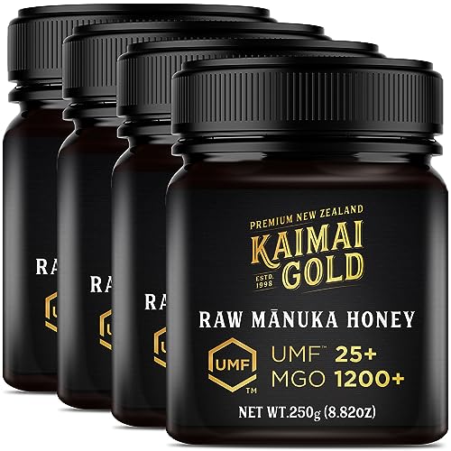 Manuka Honig KAIMAI GOLD (MGO 1200+) UMF® 25+ 1000g (= 4x250g) / Lieferung DE: 2-5 ARBEITSTAGEN # MGO 829 ≥ UMF 20, 899 ≥ 21, 971 ≥ 22, 1046 ≥ 23, 1122 ≥ 24, 1200 ≥ 25, 1282 ≥ 26, 1356 ≥ 27, 1450 ≥ 28 von Kaimai Gold Ltd