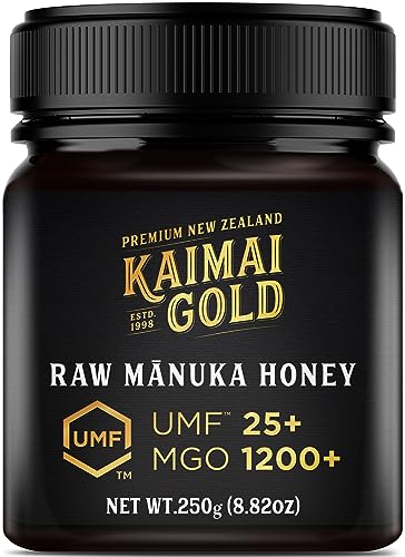 Kaimai Gold MGO 1200+ / UMF 25+ Manuka Honig * 250G Premium Monofloral UMF® Zertifizierter Neuseeländischer ManukaHonig * MGO 850 = UMF 20, 1000 = UMF 22, 1046 = UMF 23, 1122 = UMF 24, 1282 = UMF 26 von Kaimai Gold Ltd