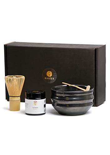 Kaizen® Ichiban Matcha Set - Contest Ceremonial Bio Matcha, handgefertigte Chawan-Teeschale, Besen & Löffel - Komplett-Set für Einsteiger und Kenner von Kaizen