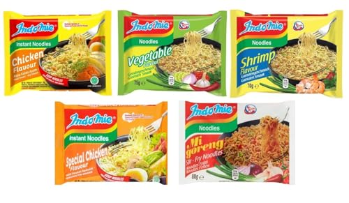 Indomie Instant Nudeln Mix Paket – 6 x 5 Sorten: Huhn, Gemüse, Garnelen, Mi Goreng, Pedas, Grill – 30 x 75g Asiatische Instant-Nudeln Set mit Kajal von Kajal