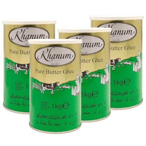 Khanum Reines Butterfett Ghee 4 x 1kg – Hochwertiges Butterfett zum Braten, Kochen & Backen | Perfekt zum Frittieren, hoher Rauchpunkt, ohne Zusatzstoffe mit Kajal-Aufkleber Khanum Reines Butterfett Ghee 4 x 1kg – Hochwertiges Butterfett zum Braten, Kochen & Backen | Perfekt zum Frittieren, hoher Rauchpunkt, ohne Zusatzstoffe mit Kajal-Aufkleber von Kajal