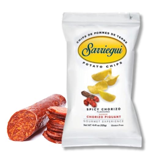 Sarriegui Spicy Chorizo Chips 3 x 125g - Kartoffelchips mit würzigem Chorizo-Geschmack & Olivenöl | Handgemacht, Glutenfrei, ohne Konservierungsstoffe Premium Crispy Snack mit Kajal von Kajal