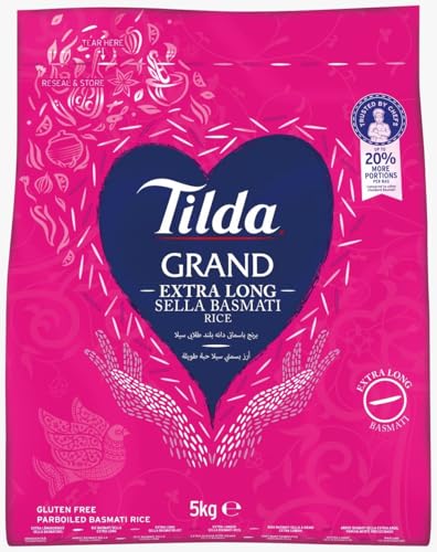 Tilda Grand Basmati Reis 5kg Extra Lang Golden Sella, Parboiled Reis, Extralange Körner, Perfekt für Asiatische Gerichte, Aromatischer Duft, Hohe Qualität, Herkunft aus Indien Tilda Grand Basmati Reis 5kg Extra Lang Golden Sella, Parboiled Reis, Extralange Körner, Perfekt für Asiatische Gerichte, Aromatischer Duft, Hohe Qualität, Herkunft aus Indien von Kajal
