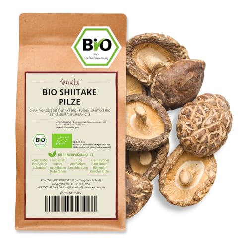 Kamelur 100g BIO Shiitake Pilze getrocknet & ganz – Trocken Pilze ohne Zusätze, Asiatische Lebensmittel - getrocknete Pilze BIO in biologisch abbaubarer Verpackung von Kamelur