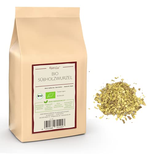 Kamelur 125g BIO Süßholzwurzel getrocknet & geschnitten für Süssholzwurzel Tee BIO – hochwertiger Süßholztee ohne Zusätze – BIO Süßholz, licorice root in biologisch abbaubarer Verpackung von Kamelur