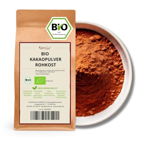 Kamelur 1kg BIO Kakao Pulver aus besten Kakaobohnen - Rohkost - 100% reiner Kakao, BIO Kakaopulver stark entölt (11% Fett) - verpackt in biologisch abbaubarer Verpackung von Kamelur