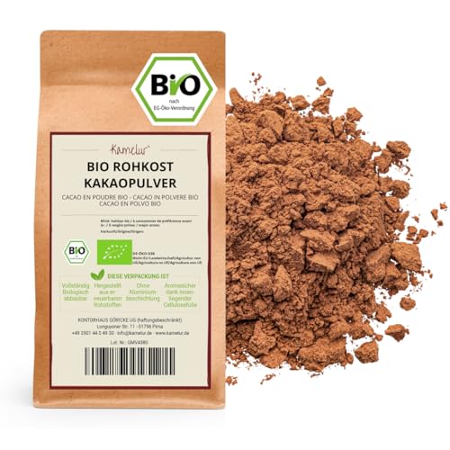 Kamelur 1kg BIO Kakao Pulver aus besten Kakaobohnen - Rohkost - 100% reiner Kakao, BIO Kakaopulver stark entölt (11% Fett) - verpackt in biologisch abbaubarer Verpackung von Kamelur