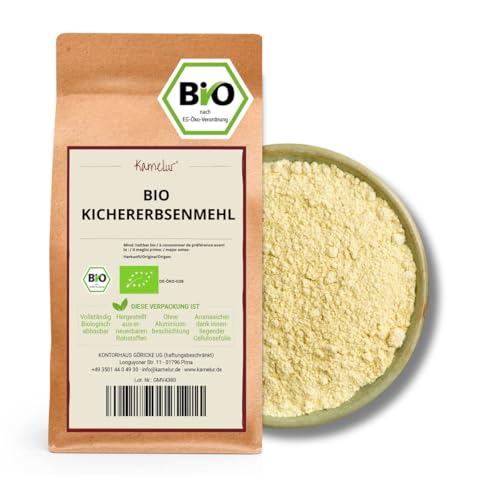 Kamelur 1kg BIO Kichererbsenmehl – BIO Hülsenfrüchte gemahlen ohne Zusätze, für Falafel & mehr - Kichererbsen Mehl BIO in biologisch abbaubarer Verpackung von Kamelur