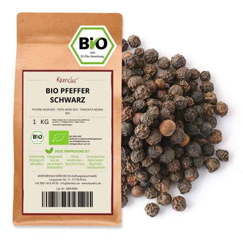 Kamelur 1kg BIO Schwarzer Pfeffer Ganz aus Sri Lanka - Aromatische Bio Pfefferkörner für die Mühle - verpackt in biologisch abbaubarer Verpackung von Kamelur