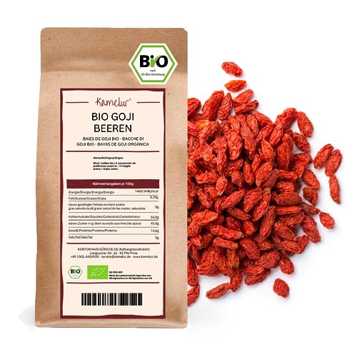 Kamelur 1kg getrocknete BIO Goji Beeren ohne Zusätze - Sonnengetrocknete Goji Beeren aus zertifiziert biologischem Anbau ungezuckert und ungeschwefelt als Snack oder als Zugabe für ein leckeres Müsli von Kamelur