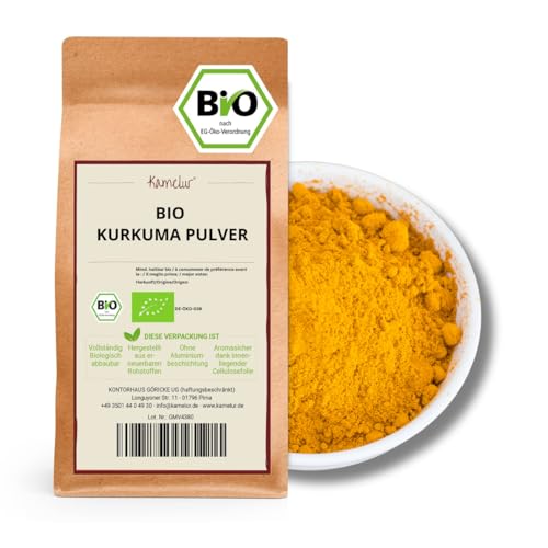 Kamelur BIO Kurkuma Pulver - 1kg - Curcuma Pulver Bio aus kontrolliert biologischem Anbau - reines Kurkumapulver ohne jegliche Zusätze in biologisch abbaubaerer Verpackung von Kamelur