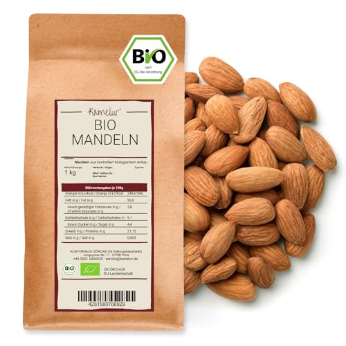 Kamelur 1kg Spanische BIO Mandeln natur – ganze geschälte Mandeln BIO mit Haut und ohne Zusätze von Kamelur