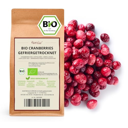Kamelur 250g BIO Cranberries gefriergetrocknet ohne Zuckerzusatz - Cranberry ohne jegliche Zusätze aus kontrolliert biologischem Anbau - in biologisch abbaubarer Verpackung von Kamelur