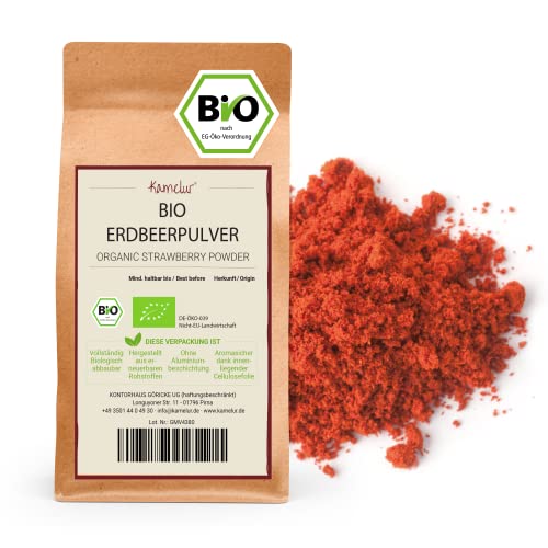 Kamelur Bio Erdbeerpulver gefriergetrocknet - 250g - Gemahlene Erdbeeren gefriergetrocknet Bio in biologisch abbaubarer Verpackung von Kamelur