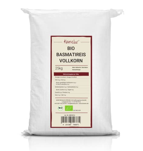 25kg BIO Basmati Reis Vollkorn – aromatischer Basmatireis BIO ohne Zusätze – Naturreis Duftreis Bio in der Großpackung von Kamelur