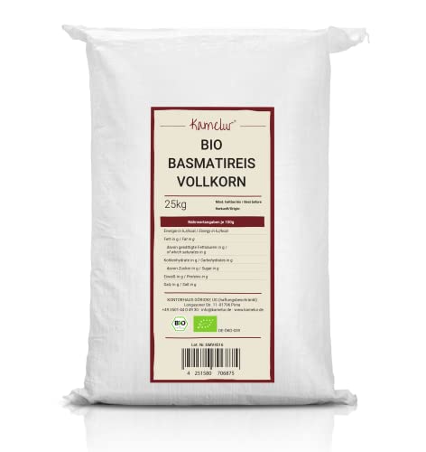 25kg BIO Basmati Reis Vollkorn – aromatischer Basmatireis BIO ohne Zusätze – Naturreis Duftreis Bio in der Großpackung von Kamelur