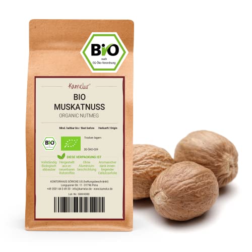 Kamelur 500g BIO Muskatnuss ganz - handverlesene Muskatnüsse in bester BIO-Qualität - für die Muskatnuss Mühle – BIO Muskat Nüsse in biologisch abbaubarer Verpackung von Kamelur