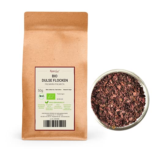 Kamelur 50g BIO Dulse Flocken - Dulse Algen getrocknet und ohne Zusätze - Dulse Flocken BIO in biologisch abbaubarer Verpackung für Smoothies, oder zum Salat von Kamelur