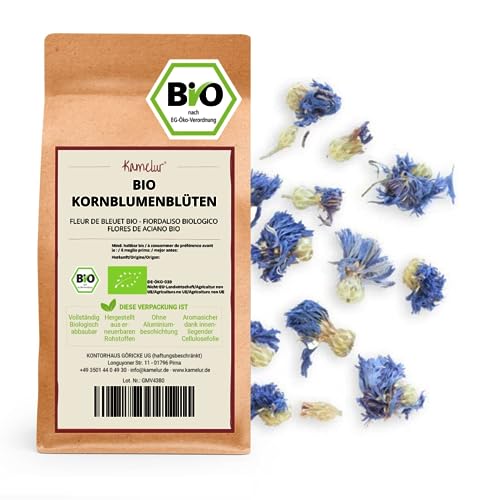 Kamelur 125g BIO Kornblumenblüten getrocknet & ganz – BIO Kornblumen ohne Zusätze – getrocknete essbare Blüten blau für BIO Tee in biologisch abbaubarer Verpackung von Kamelur