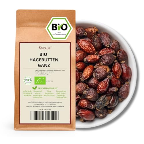 Kamelur 1kg BIO Hagebutten getrocknet & ohne Zusätze, für Hagebuttentee BIO – ganze & getrocknete Hagebutten in biologisch abbaubarer Verpackung von Kamelur