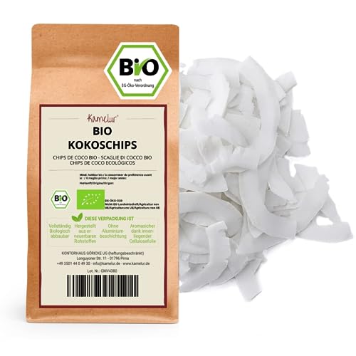 Kamelur 1kg BIO Kokoschips roh & ungesüßt - Rohkost Kokos Chips BIO ohne Zusätze – das ideale Topping für Porridge – Kokoschips BIO in biologisch abbaubarer Verpackung von Kamelur