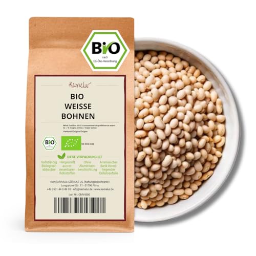 Kamelur 1kg BIO weiße Bohnen getrocknet – getrocknete Bohnen BIO ohne Zusätze – weisse Bohnen in biologisch abbaubarer Verpackung von Kamelur