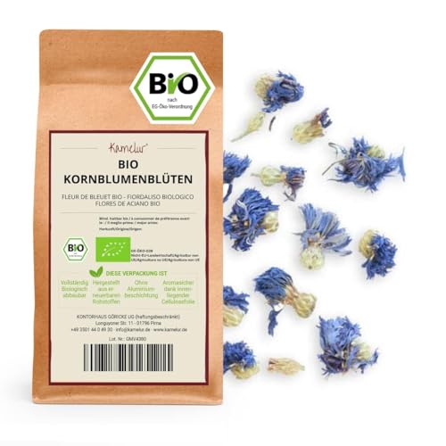 Kamelur 250g BIO Kornblumenblüten getrocknet & ganz – BIO Kornblumen ohne Zusätze – getrocknete essbare Blüten blau für BIO Tee in biologisch abbaubarer Verpackung von Kamelur