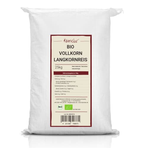 Kamelur 25kg BIO Langkornreis Vollkorn Langkornreis BIO & ungeschält ohne Zusätze Naturreis Vollkornreis in der Großpackung von Kamelur