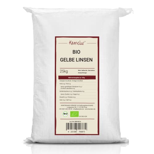 Kamelur 25kg BIO gelbe Linsen getrocknet – getrocknete Hülsenfrüchte, Linsen BIO Split & poliert – Linsen gelb in der Großpackung von Kamelur