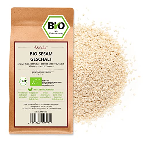 Kamelur 500g BIO Sesam geschält & ungeröstet – Sesamsamen Sesamkörner ohne Zusätze - Sesam BIO (sesam seeds) in biologisch abbaubarer Verpackung von Kamelur