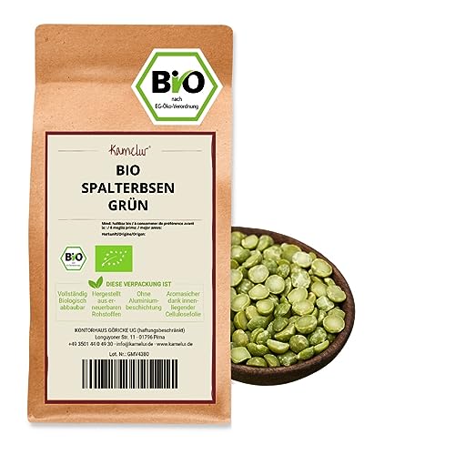 Kamelur 500g BIO grüne Spalterbsen getrocknet – getrocknete BIO Hülsenfrüchte ohne Zusätze - getrocknete Erbsen grün halb BIO in biologisch abbaubarer Verpackung von Kamelur