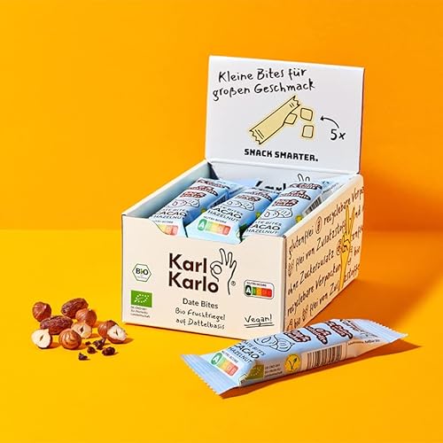 Karl Karlo Fruchtriegel Haselnuss- 12 x 35g | Vegane Süßigkeiten auf Dattelbasis | Veganer Snack ohne Zusatzstoffe, glutenfrei, Nutri Score A | getrocknete Cranberries, Acerola von Karl Karlo