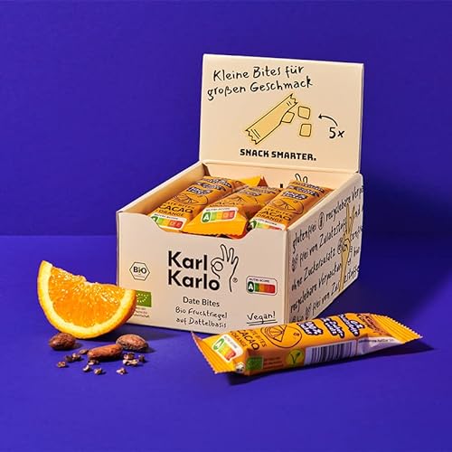 Karl Karlo Fruchtriegel Orange- 12 x 35g | Vegane Süßigkeiten auf Dattelbasis | Veganer Snack ohne Zusatzstoffe, glutenfrei, Nutri Score A | getrocknete Cranberries, Acerola von Karl Karlo