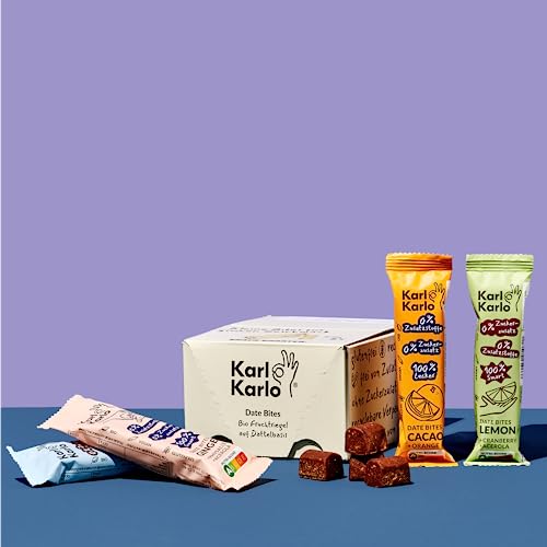 Karl Karlo Fruchtriegel Probierpaket Zitrone, Ingwer, Orange und Haselnuss - 12 x 35g | Vegane Süßigkeiten auf Dattelbasis | Veganer Snack ohne Zusatzstoffe, glutenfrei und Nutri Score A von Karl Karlo