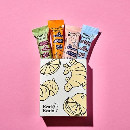 Karl Karlo Fruchtriegel Probierpaket Zitrone, Ingwer, Orange und Haselnuss - 4 x 35g | Vegane Süßigkeiten auf Dattelbasis | Veganer Snack ohne Zusatzstoffe, glutenfrei Karl Karlo Fruchtriegel Probierpaket Zitrone, Ingwer, Orange und Haselnuss - 4 x 35g | Vegane Süßigkeiten auf Dattelbasis | Veganer Snack ohne Zusatzstoffe, glutenfrei von Karl Karlo