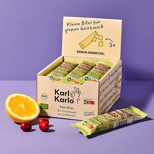 Karl Karlo Fruchtriegel Zitrone - 12 x 35g | Vegane Süßigkeiten auf Dattelbasis | Veganer Snack ohne Zusatzstoffe, glutenfrei, Nutri Score A | getrocknete Cranberries, Acerola von Karl Karlo