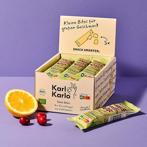 Karl Karlo Fruchtriegel Zitrone - 12 x 35g | Vegane Süßigkeiten auf Dattelbasis | Veganer Snack ohne Zusatzstoffe, glutenfrei, Nutri Score A | getrocknete Cranberries, Acerola von Karl Karlo