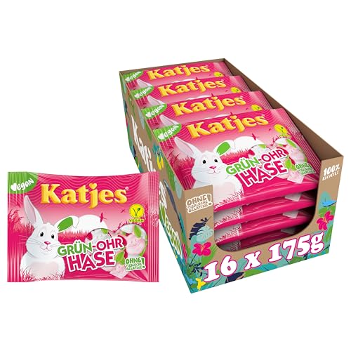 Katjes Grün-Ohr Hase Vorratspack – Vorrats-Box Schaumzucker mit Fruchtgummi in Häschen-Form, fruchtiger Mix in unterschiedlichen Geschmacksrichtungen, vegan, 16 x 175 g von Katjes