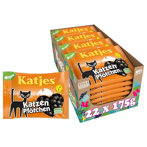Katjes Katzen Pfötchen Vorratspack – Vorrats-Box mit würzigem Lakritz, kleine Lakritz-Pfötchen aus Weichlakritz, der Klassiker jetzt in vegan, 22 x 175 g von Katjes