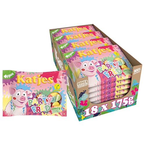 Katjes Party Fred Vorratspack – Schaumzucker Vorrats-Box in Schweinchen-Form, fruchtiger Schaumgummi-Mix in unterschiedlichen Geschmacksrichtungen, vegan, 18 x 175 g von Katjes